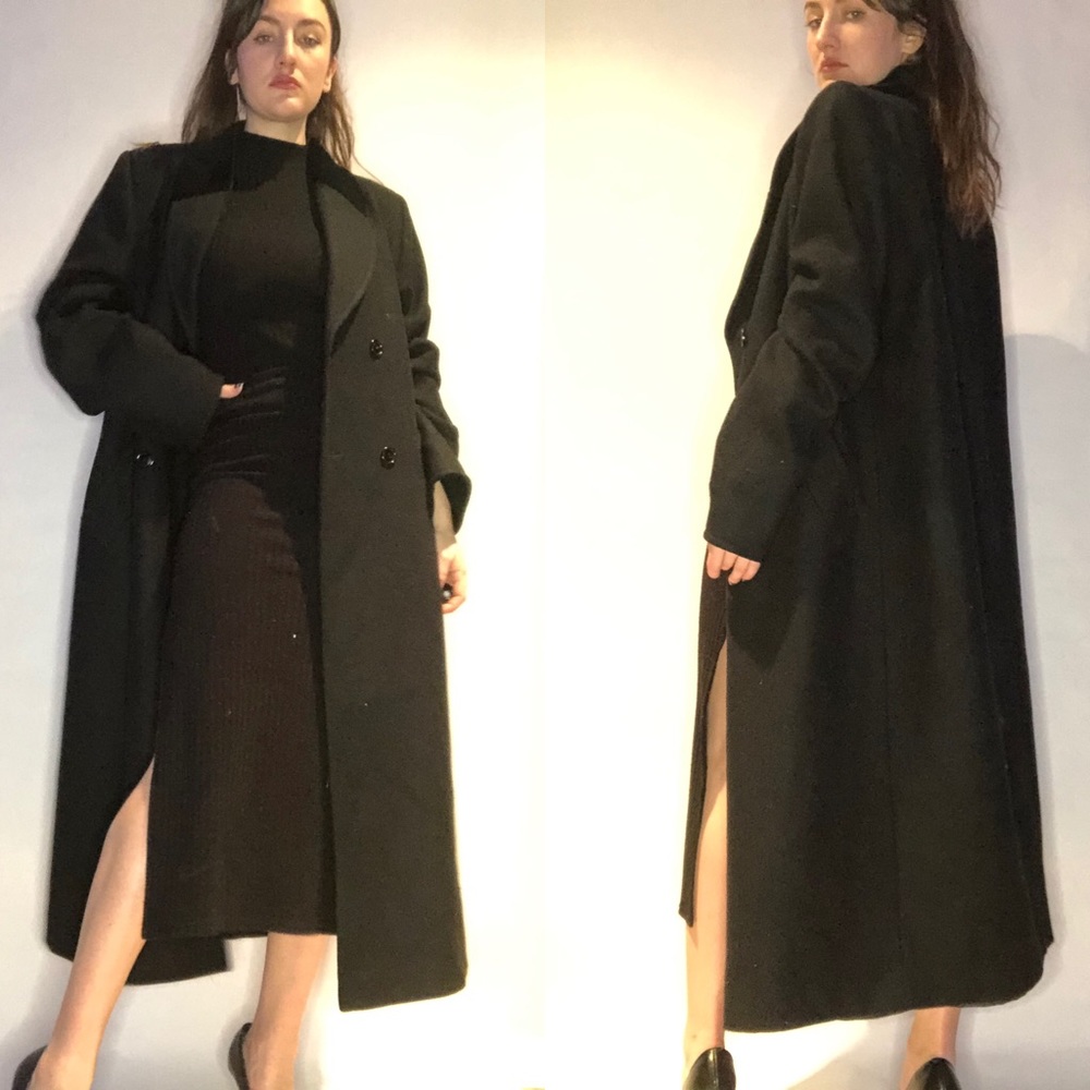Vintage 90's Black Wool Velvet Collar Overcoat